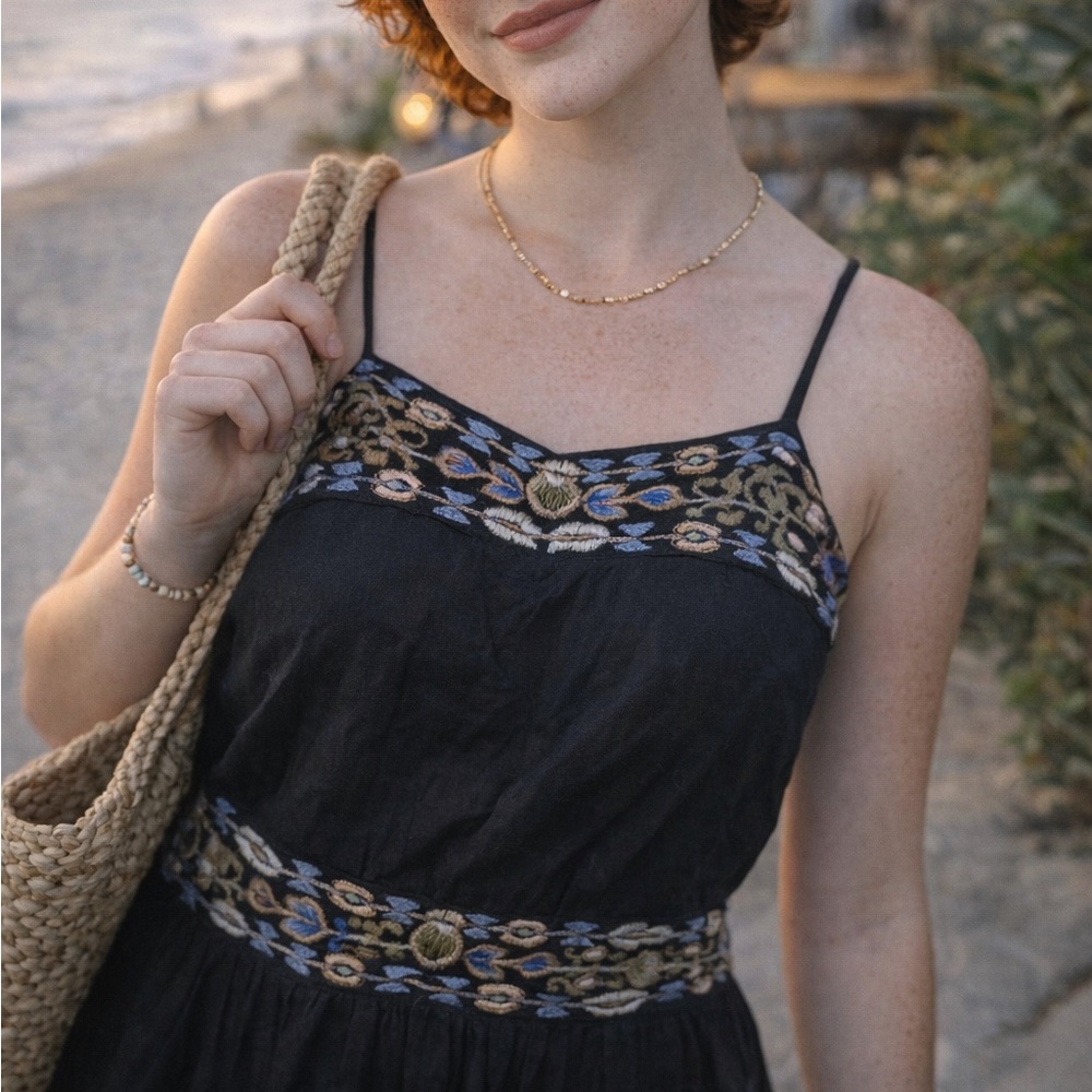 Abercrombie Fitch Black Embroidered Jumpsuit Blue Tan Cottagecore Midi XS Petite